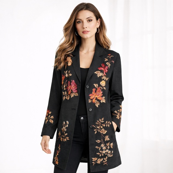 SilkLand Jackets & Blazers - Silkland Black Embroidered Longline Blazer Floral Silk Blend Jacket 1X